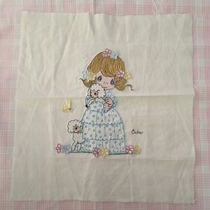 Vintage Precious Moments Handstitched Girl & Her Sheep Cloth 13in. X 12in.
